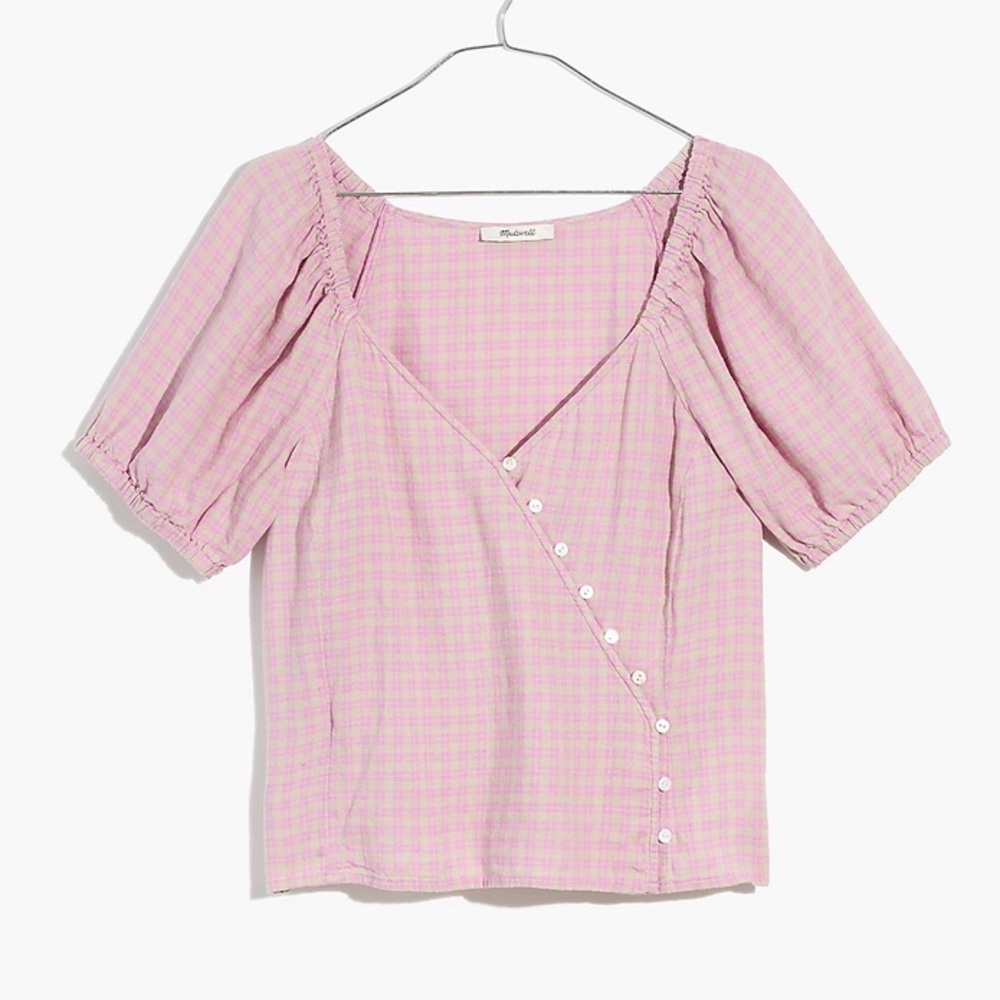 Madewell Linen-Blend Puff-Sleeve Button-Wrap Top in Plaid NWT